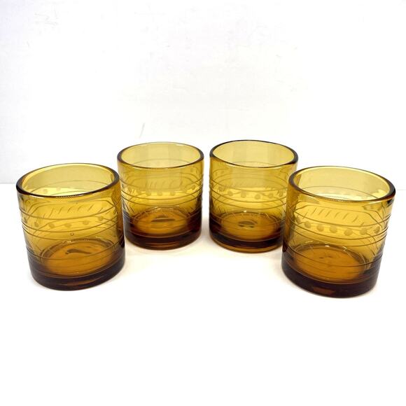 4 Bobby Flay Amber Etch Double Old Fashioned Lowball Rocks Glass Hand Blown HTF - Picture 1 of 6